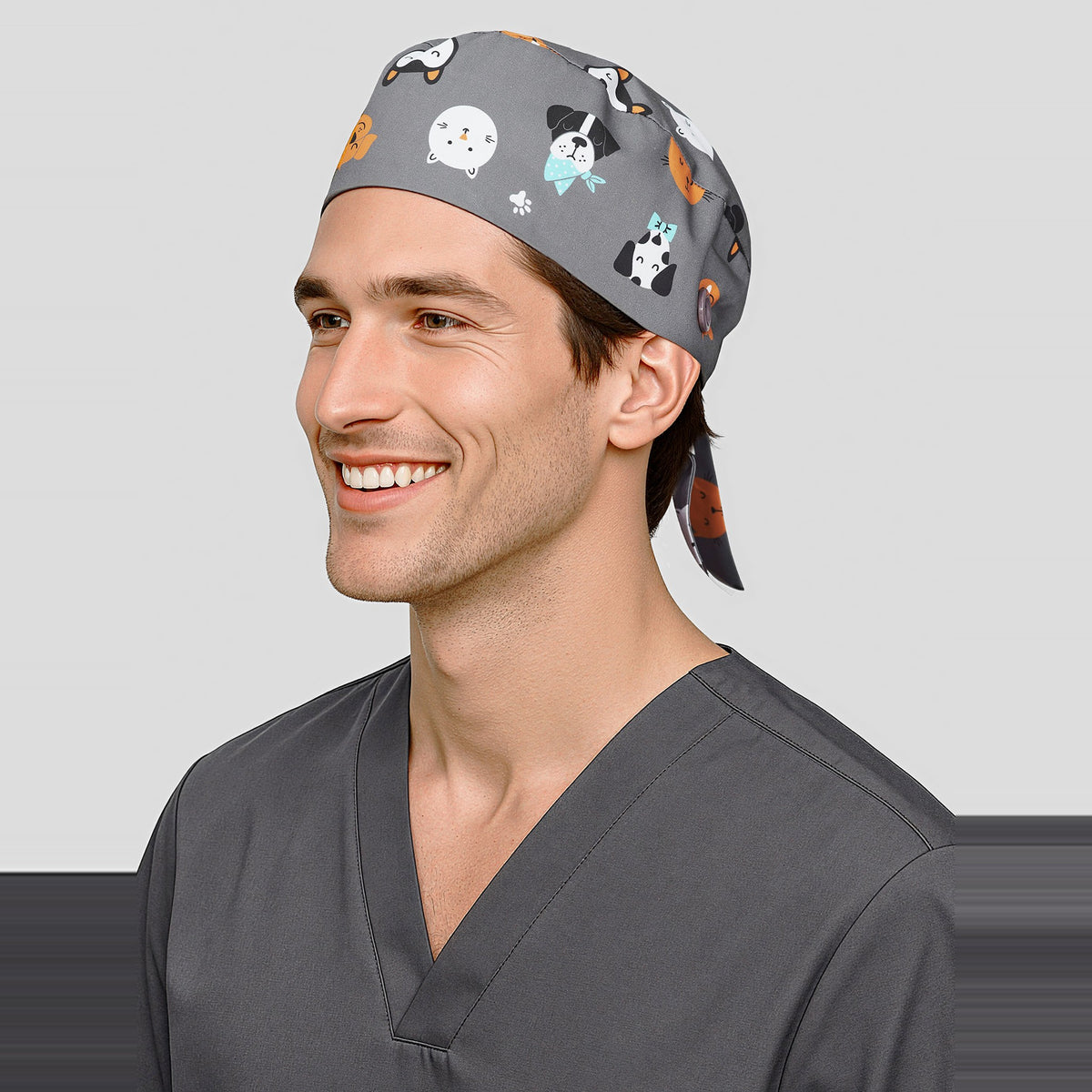 Inaura Printed Unisex Scrub Cap CSC245U in Cheeky Pets, worn by model