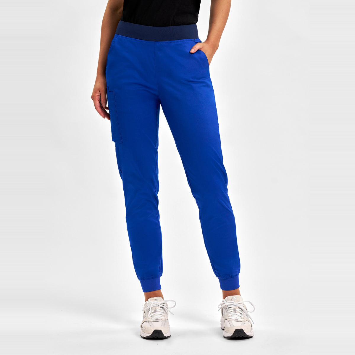 Inaura Riley Womens Slim Leg Jogger Scrub Pant CSP042LL in Electric Blue, worn by model, view 2