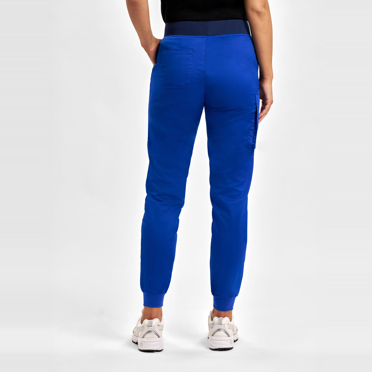 Inaura Riley Womens Slim Leg Jogger Scrub Pant CSP042LL in Electric Blue, worn by model, view 4