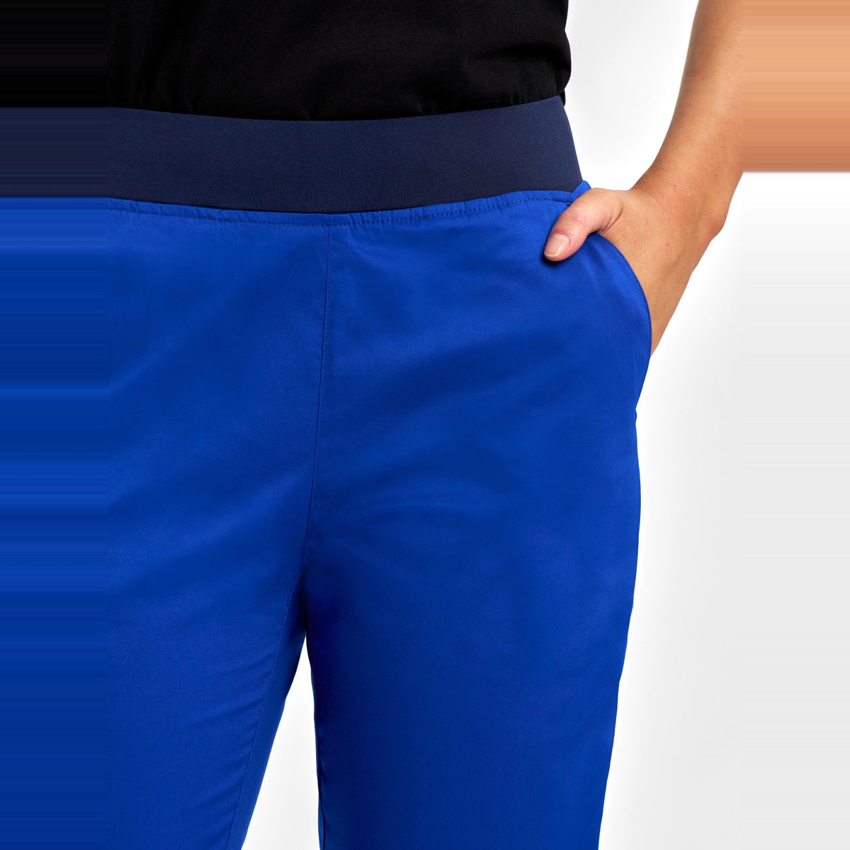 Inaura Riley Womens Slim Leg Jogger Scrub Pant CSP042LL in Electric Blue, worn by model, view 5