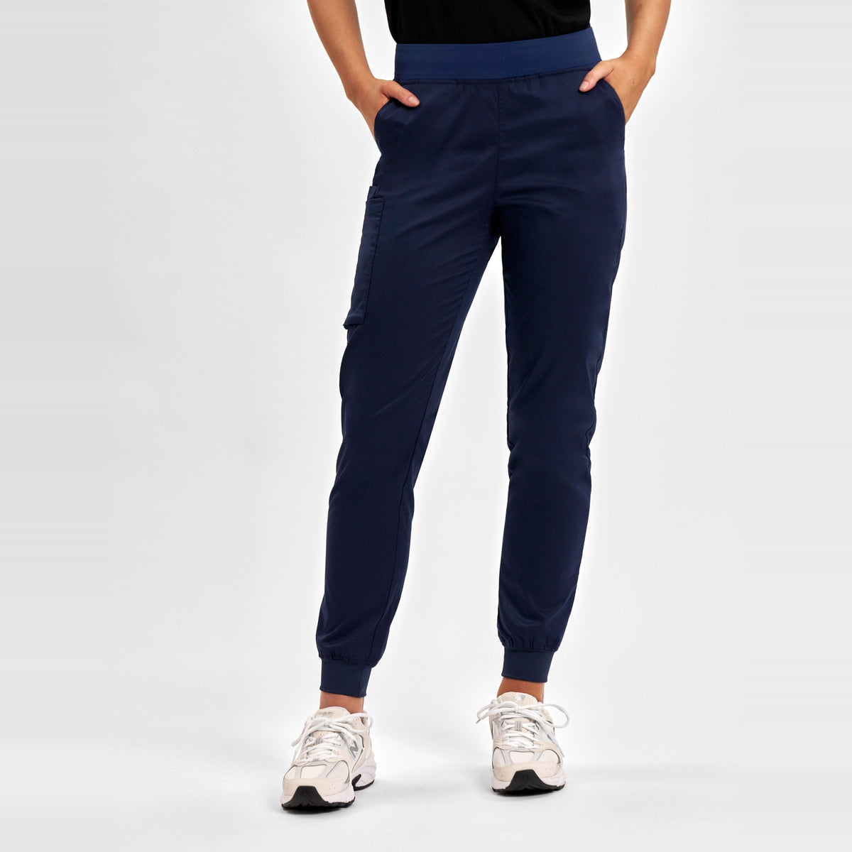 Inaura Riley Womens Slim Leg Jogger Scrub Pant CSP042LL in Midnight Navy, worn by model, view 2