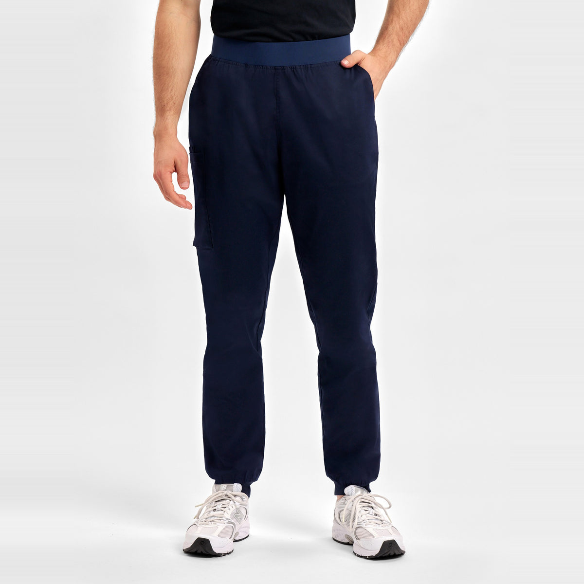 Inaura Riley Mens Slim Leg Jogger Scrub Pant CSP042ML in Midnight Navy, worn by model, view 2