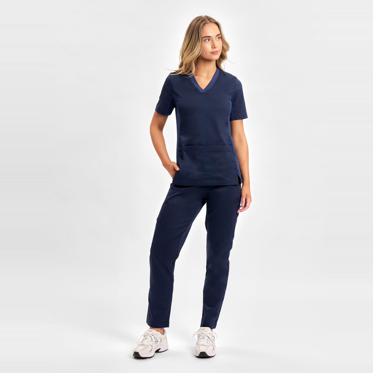 Inaura Riley Womens Straight Leg Scrub Pant CSP047LL in Midnight Navy, worn by model