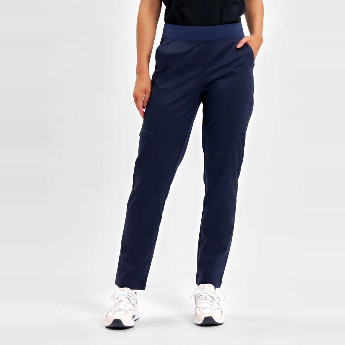 Inaura Riley Womens Straight Leg Scrub Pant CSP047LL in Midnight Navy, worn by model, view 2