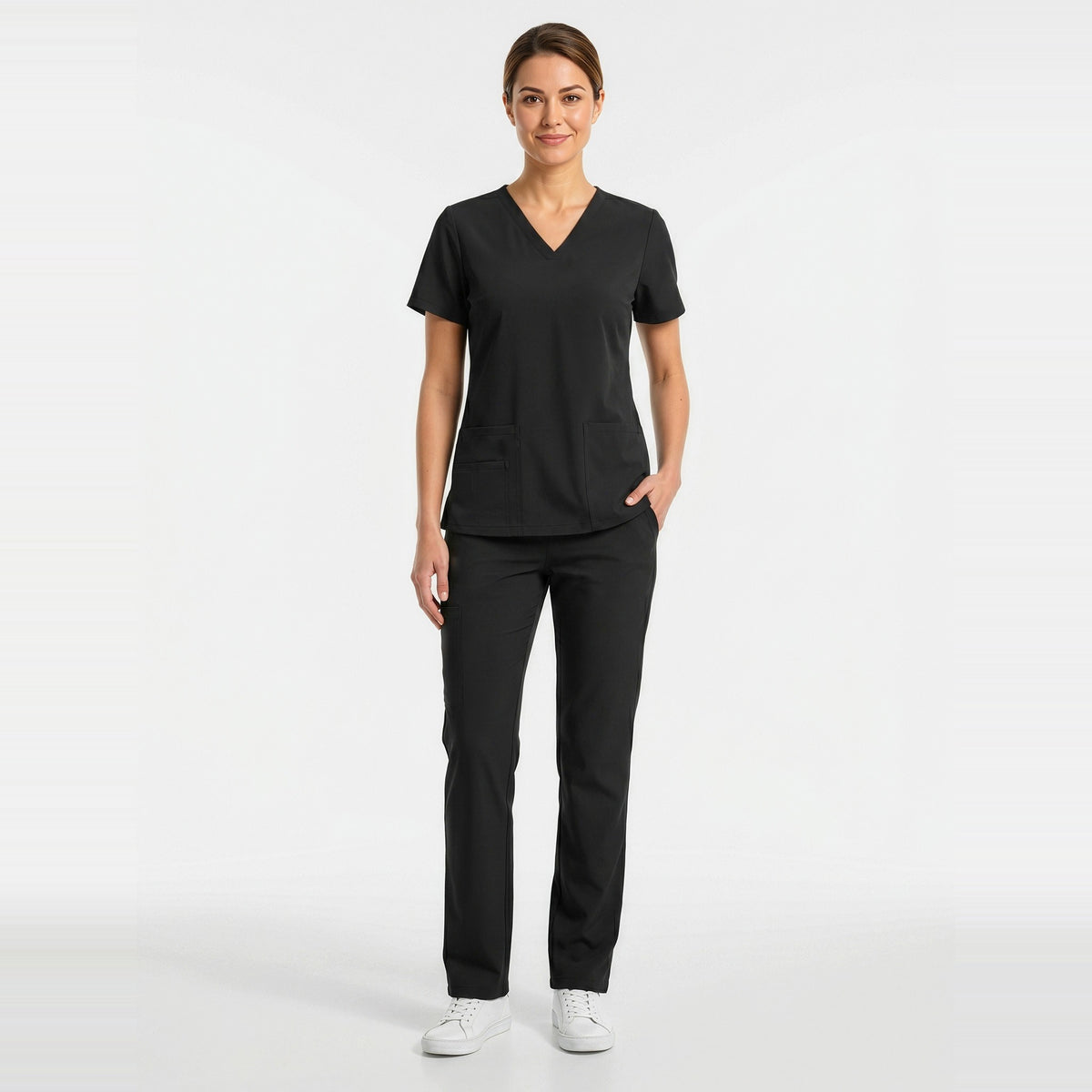 Inaura Tokyo Womens Scrub Pant CSP143LL in Black, worn by model