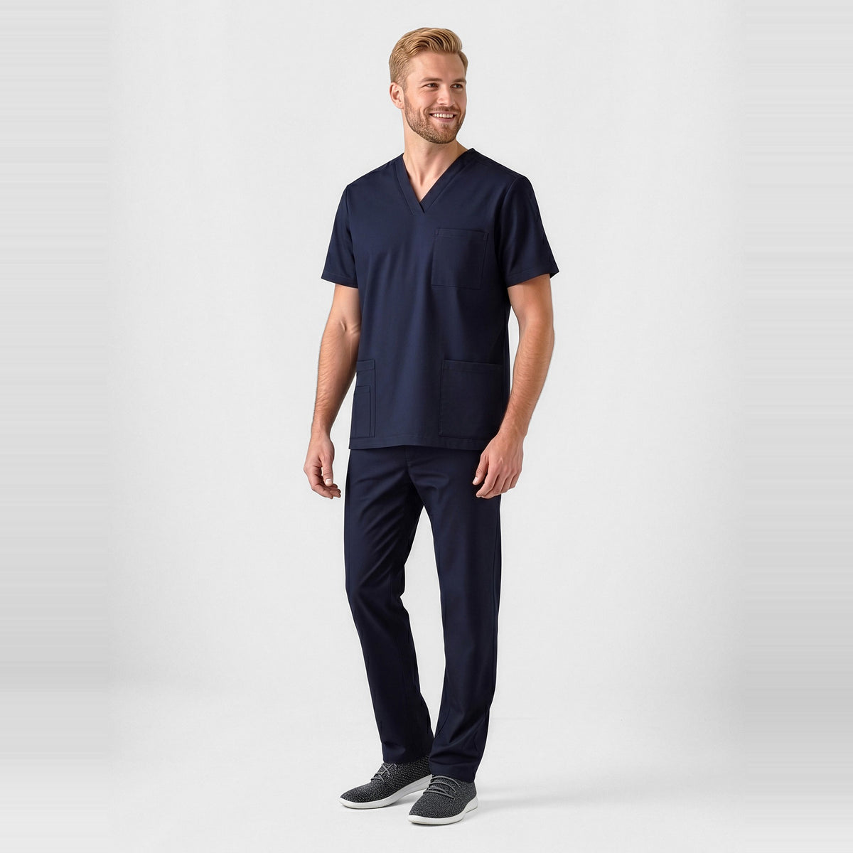 Inaura Tokyo Mens Scrub Pant CSP143ML in Midnight Navy, worn by model