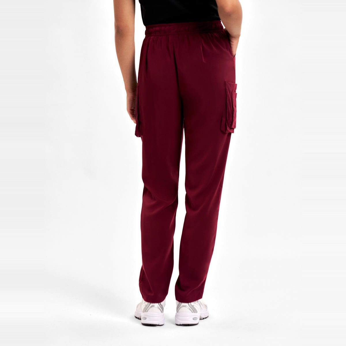 Inaura Avery Womens Slim Leg Scrub Pant CSP943LL in Burgundy, worn by model, view 4