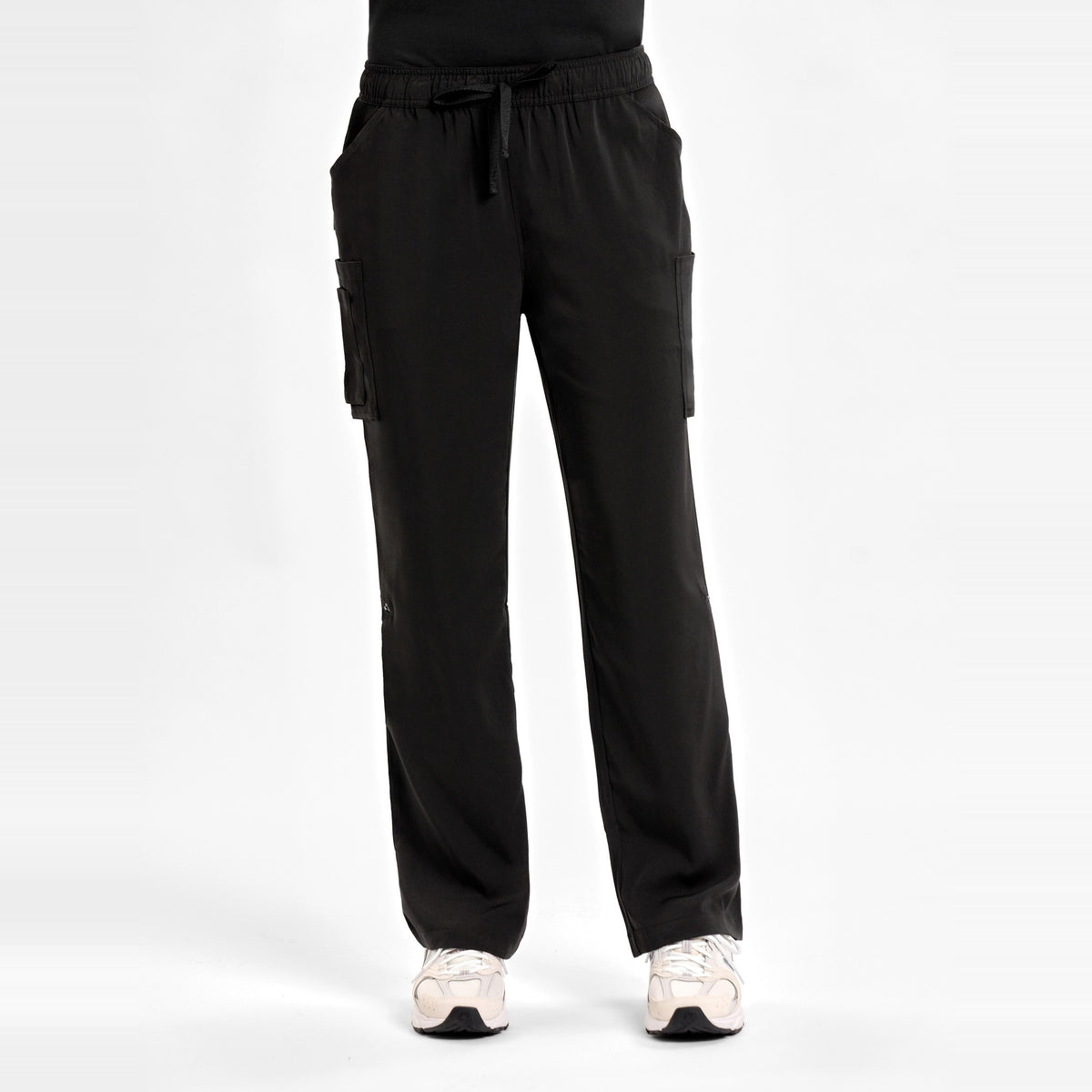 Inaura Avery Womens Straight Leg Scrub Pant CSP944LL in Black, worn by model, view 2