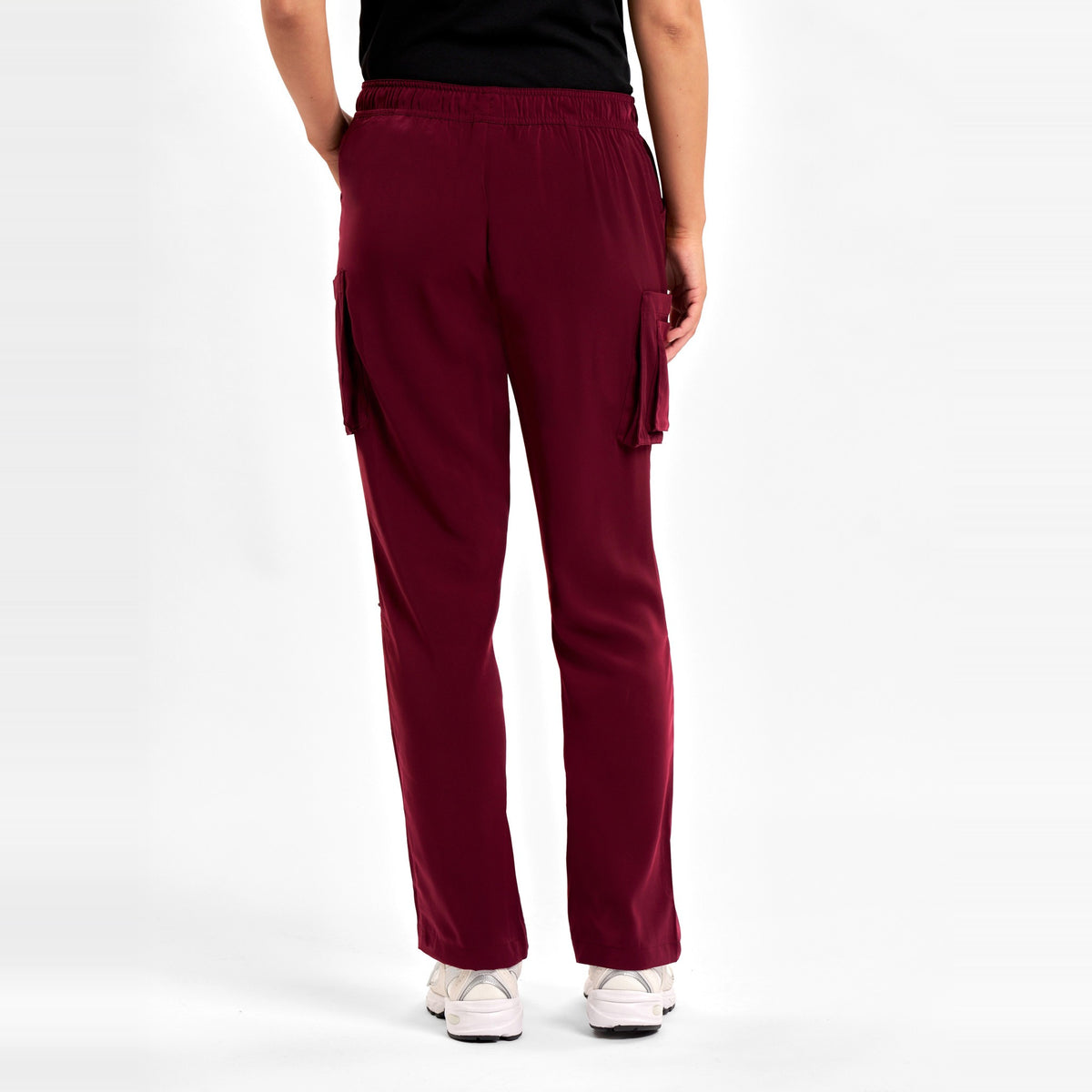 Inaura Avery Womens Straight Leg Scrub Pant CSP944LL in Burgundy, worn by model, view 4