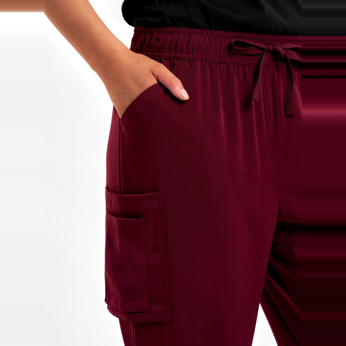 Inaura Avery Womens Straight Leg Scrub Pant CSP944LL in Burgundy, worn by model, view 5