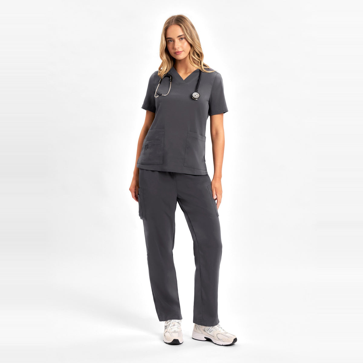 Inaura Avery Womens Straight Leg Scrub Pant CSP944LL in Charcoal, worn by model