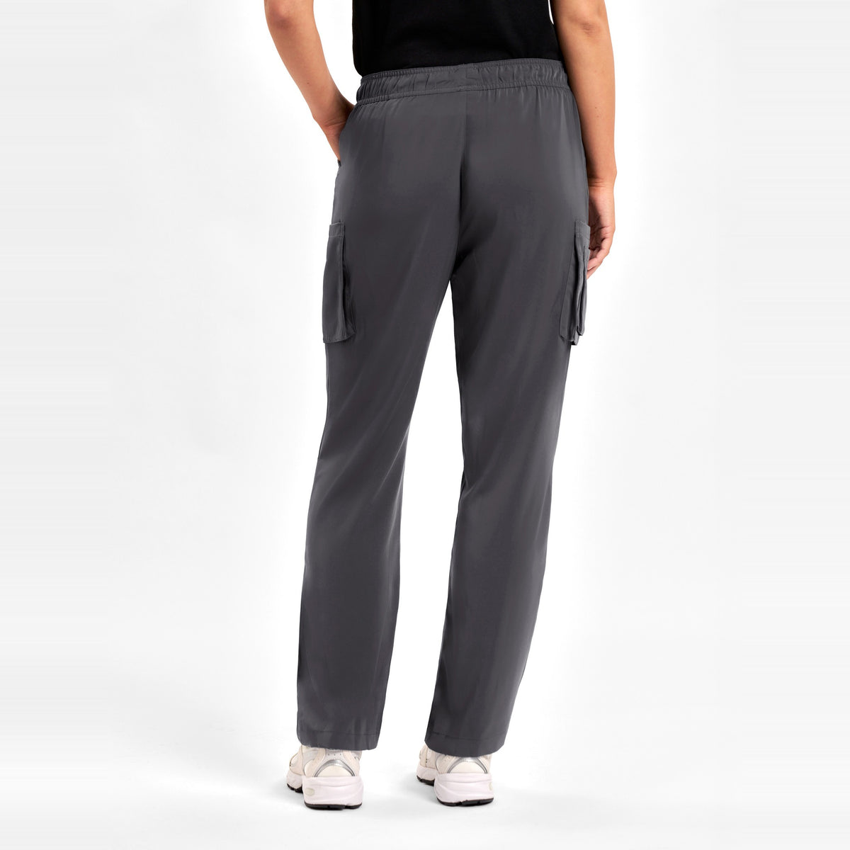 Inaura Avery Womens Straight Leg Scrub Pant CSP944LL in Charcoal, worn by model, view 4