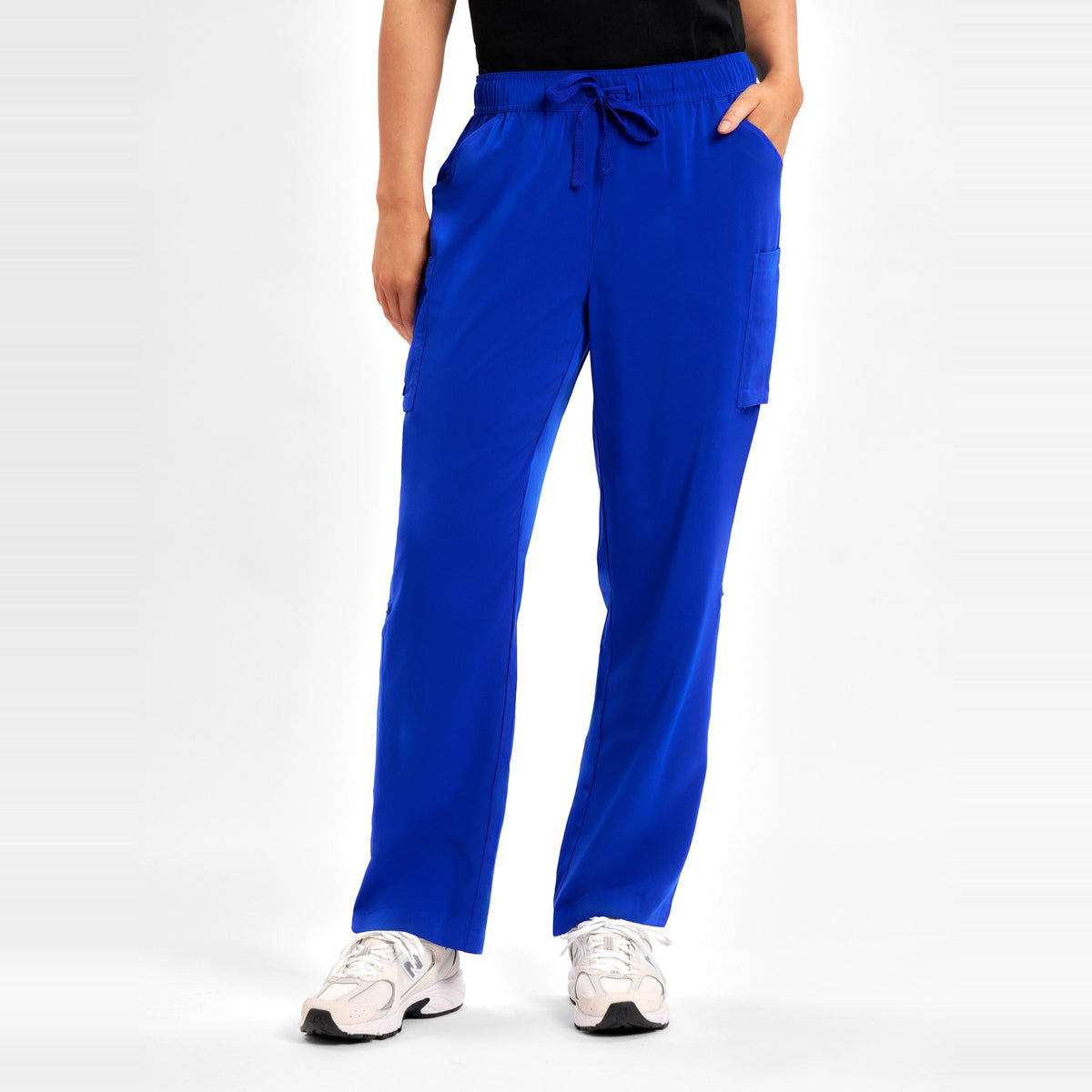 Inaura Avery Womens Straight Leg Scrub Pant CSP944LL in Electric Blue, worn by model, view 2