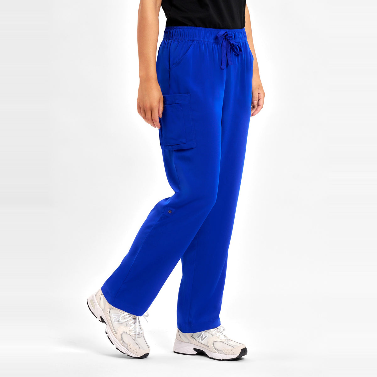 Inaura Avery Womens Straight Leg Scrub Pant CSP944LL in Electric Blue, worn by model, view 3