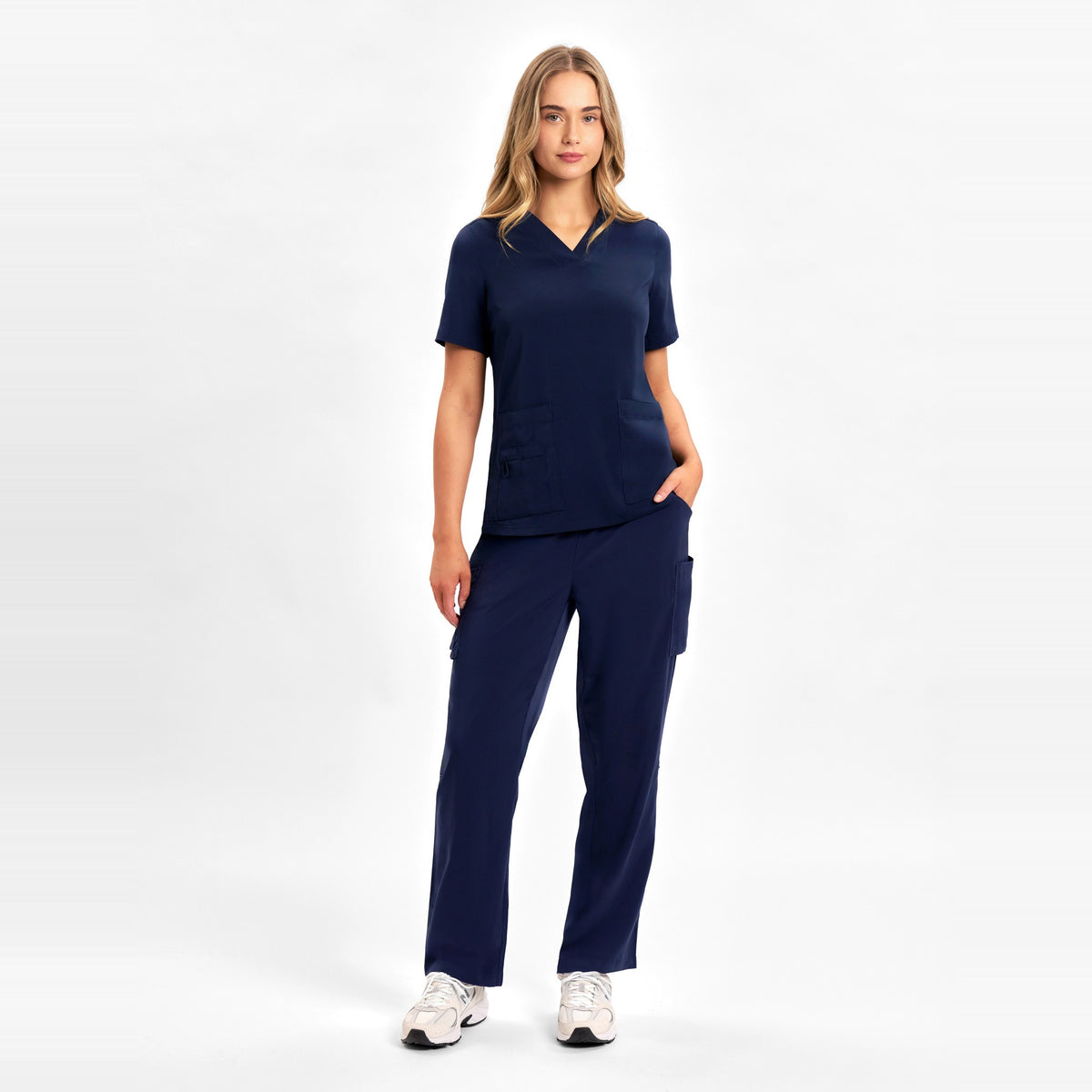 Inaura Avery Womens Straight Leg Scrub Pant CSP944LL in Midnight Navy, worn by model