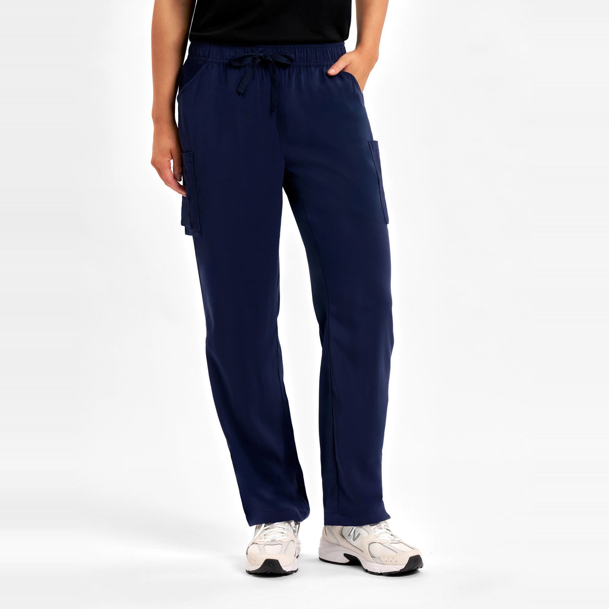Inaura Avery Womens Straight Leg Scrub Pant CSP944LL in Midnight Navy, worn by model, view 2