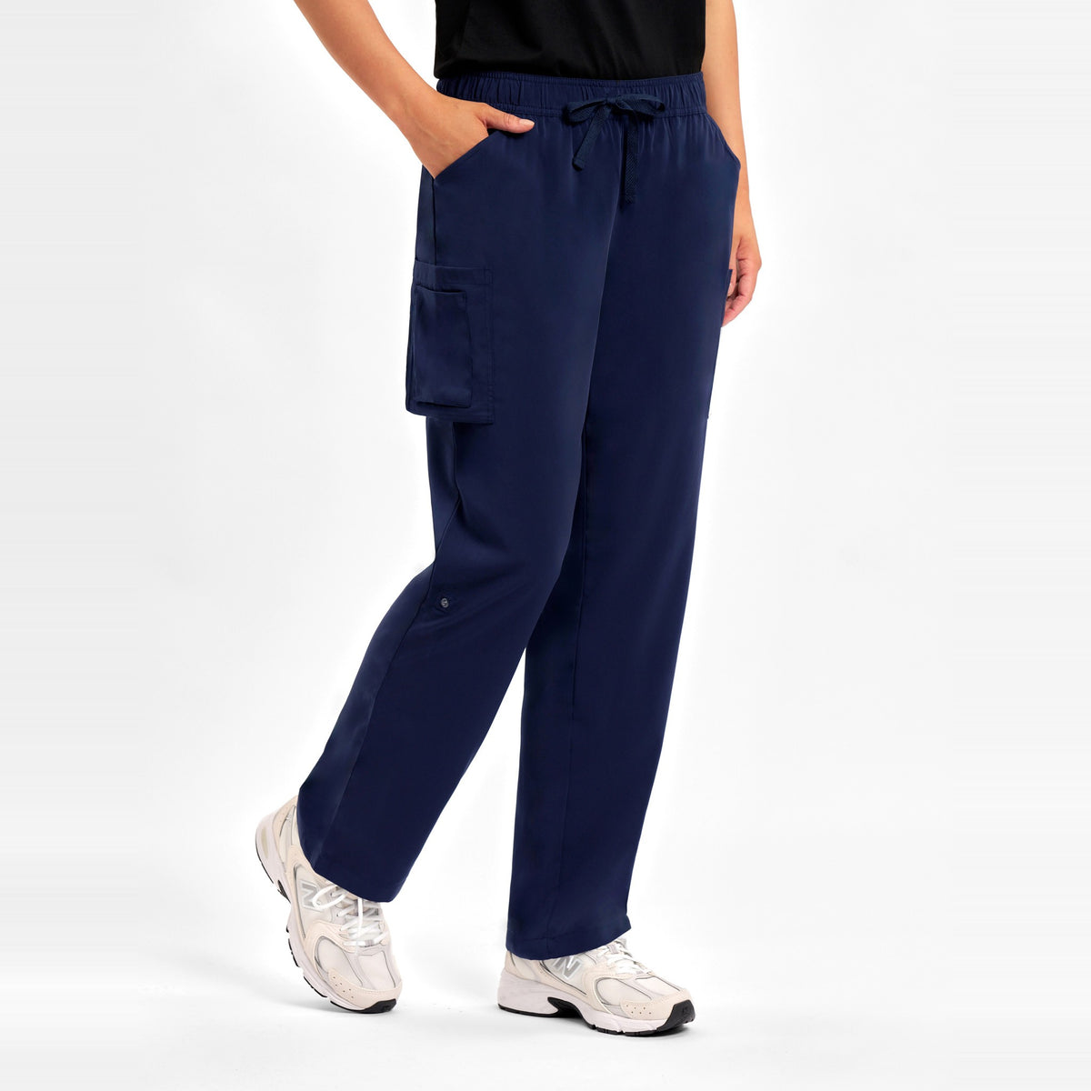 Inaura Avery Womens Straight Leg Scrub Pant CSP944LL in Midnight Navy, worn by model, view 3