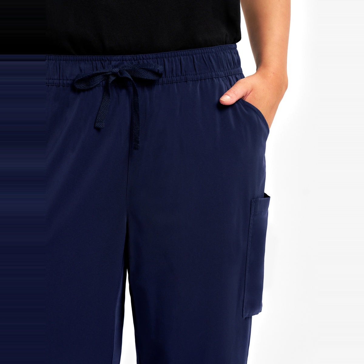 Inaura Avery Womens Straight Leg Scrub Pant CSP944LL in Midnight Navy, worn by model, view 5