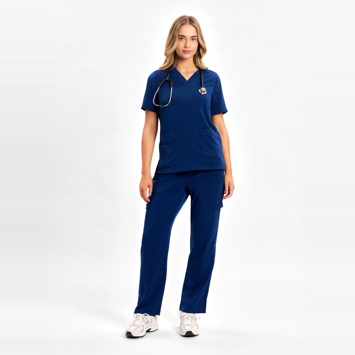 Inaura Avery Womens Straight Leg Scrub Pant CSP944LL in Navy, worn by model