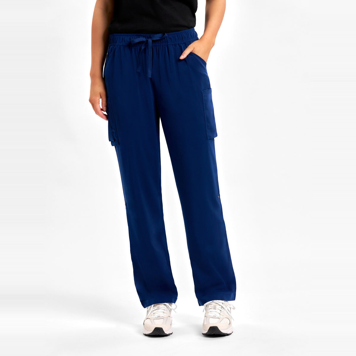 Inaura Avery Womens Straight Leg Scrub Pant CSP944LL in Navy, worn by model, view 2