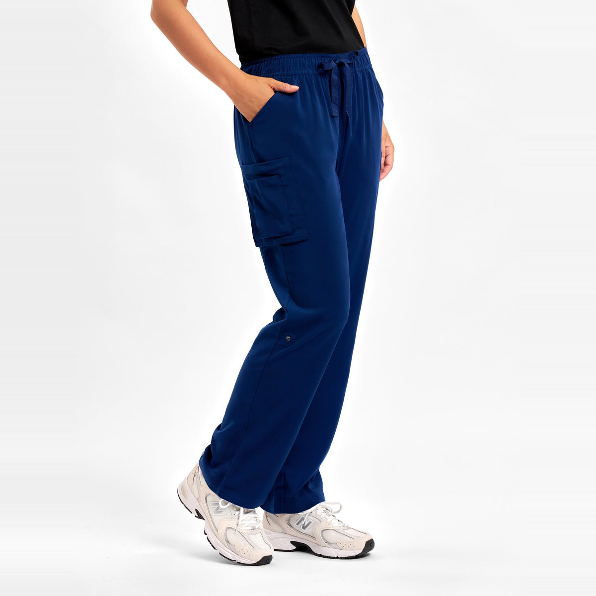 Inaura Avery Womens Straight Leg Scrub Pant CSP944LL in Navy, worn by model, view 3