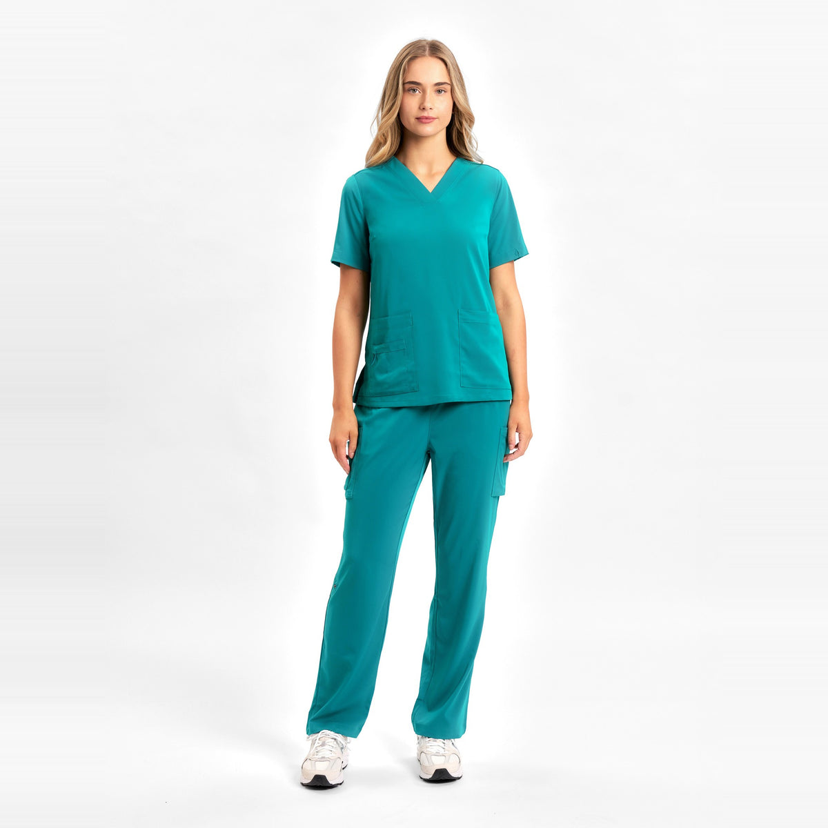 Inaura Avery Womens Straight Leg Scrub Pant CSP944LL in Teal, worn by model