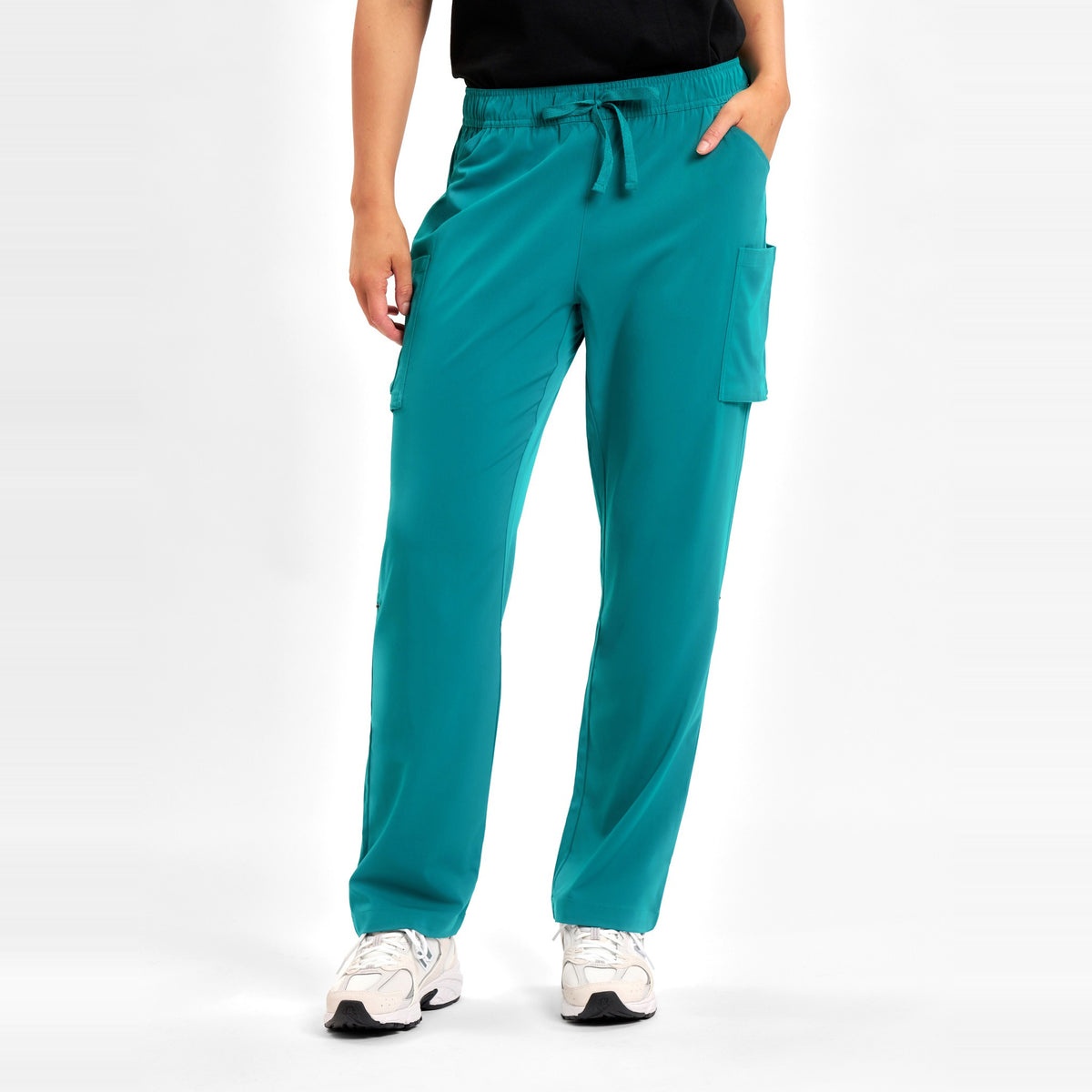 Inaura Avery Womens Straight Leg Scrub Pant CSP944LL in Teal, worn by model, view 2