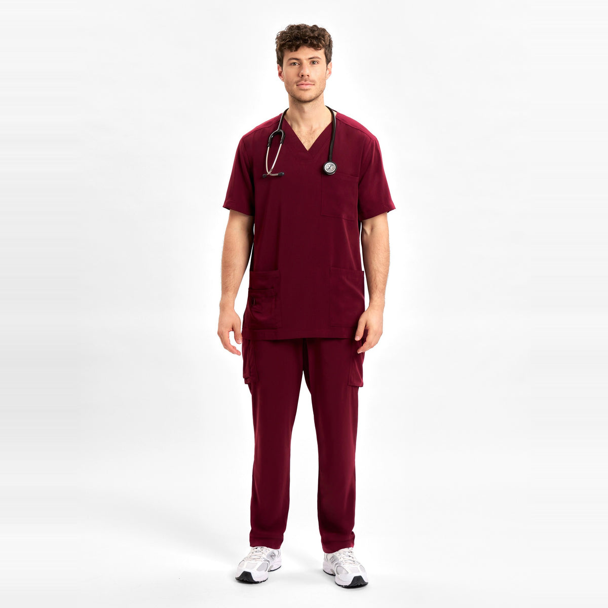 Inaura Avery Mens Straight Leg Scrub Pant CSP946ML in Burgundy, worn by model