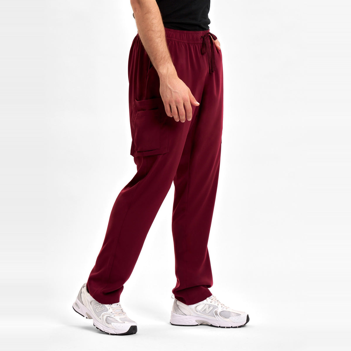 Inaura Avery Mens Straight Leg Scrub Pant CSP946ML in Burgundy, worn by model, view 2