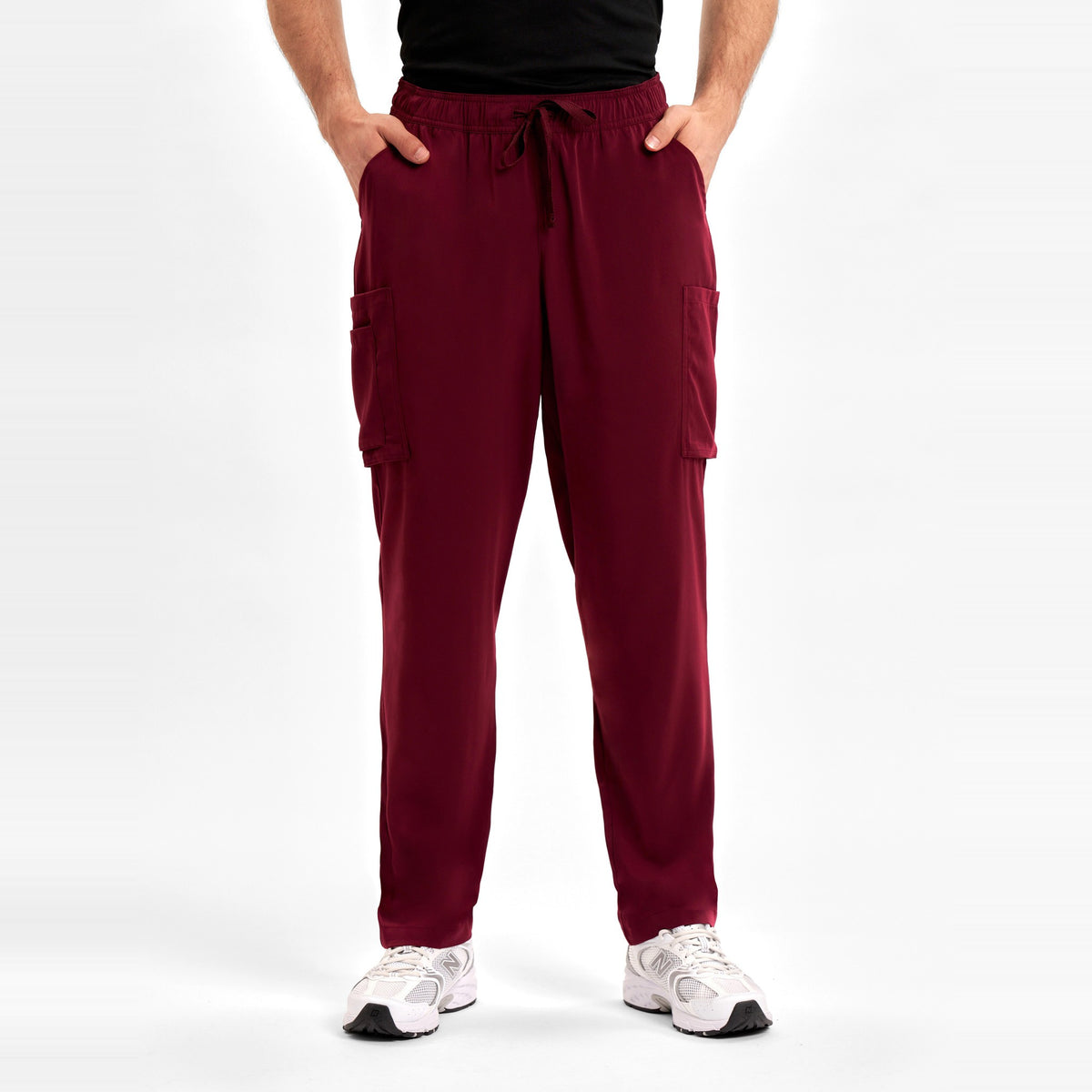 Inaura Avery Mens Straight Leg Scrub Pant CSP946ML in Burgundy, worn by model, view 3