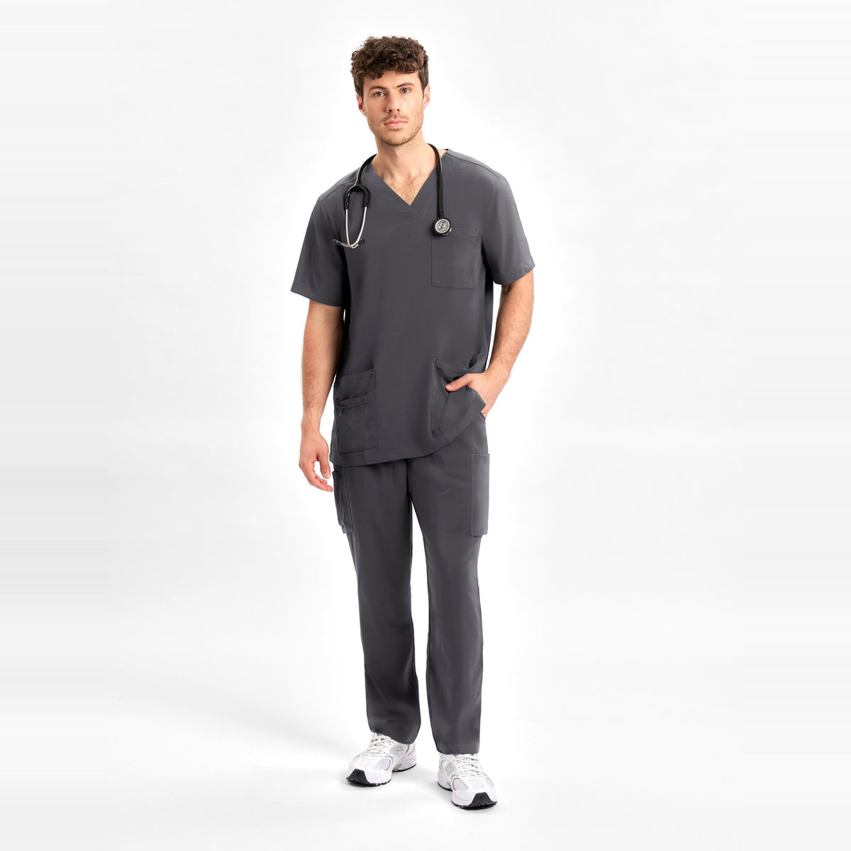 Inaura Avery Mens Straight Leg Scrub Pant CSP946ML in Charcoal, worn by model