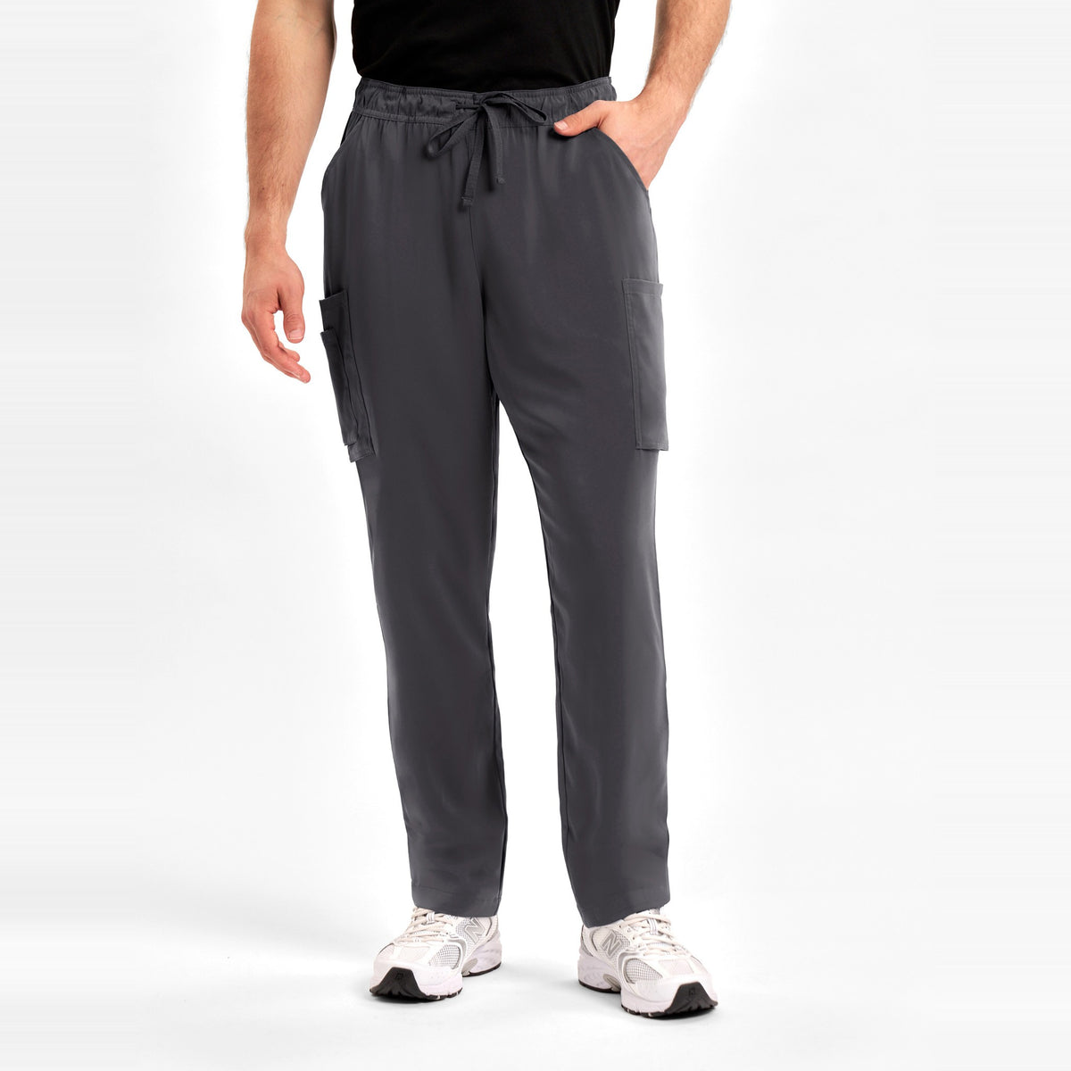 Inaura Avery Mens Straight Leg Scrub Pant CSP946ML in Charcoal, worn by model, view 2