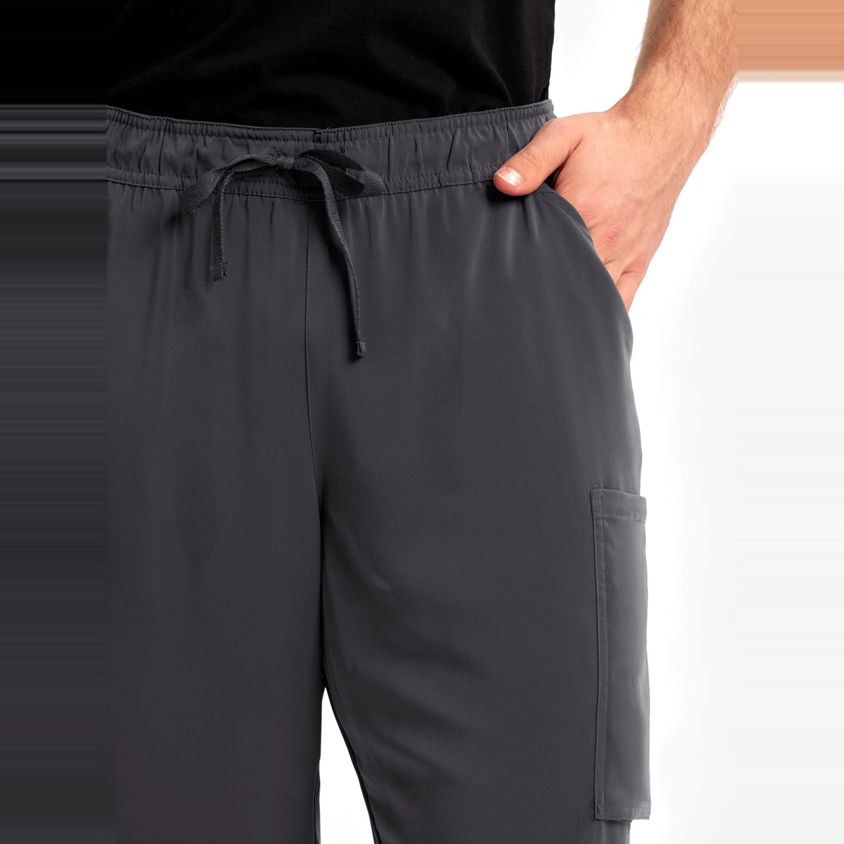 Inaura Avery Mens Straight Leg Scrub Pant CSP946ML in Charcoal, worn by model, view 5