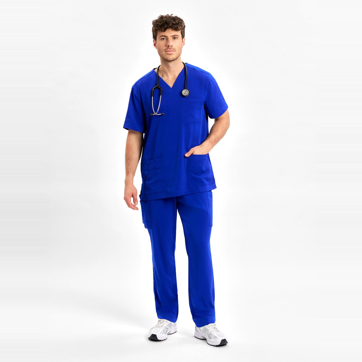 Inaura Avery Mens Straight Leg Scrub Pant CSP946ML in Electric Blue, worn by model