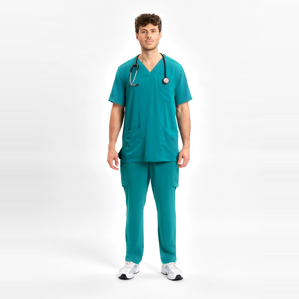Inaura Avery Mens Straight Leg Scrub Pant CSP946ML in Teal, worn by model