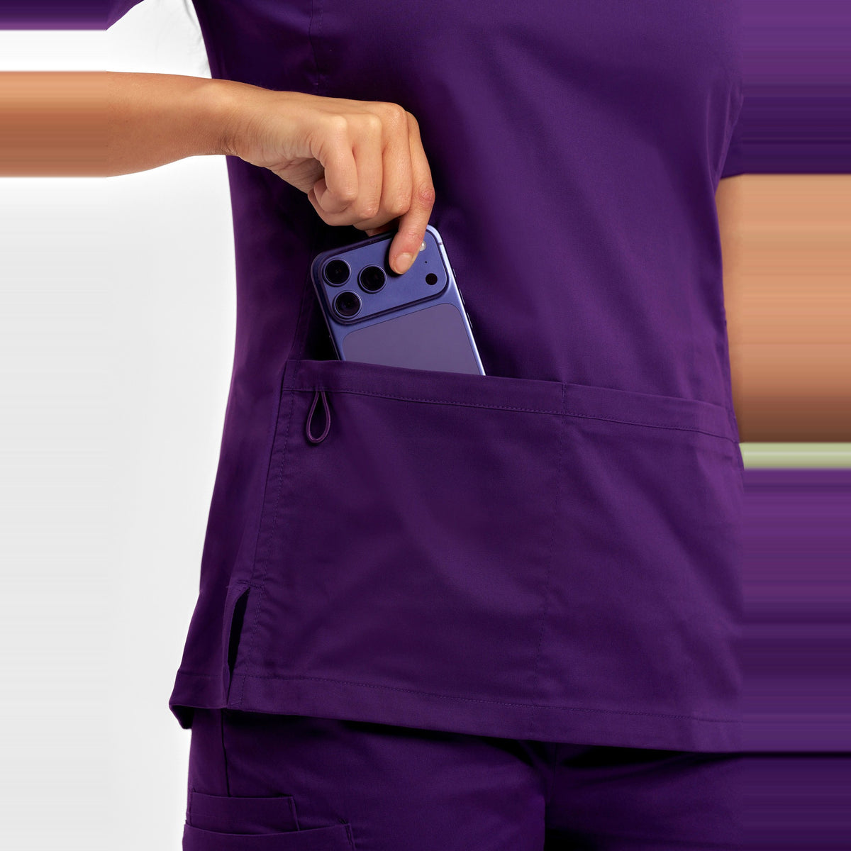 Inaura Riley Womens Stretch Scrub Top CST043LS in Purple, worn by model, view 5