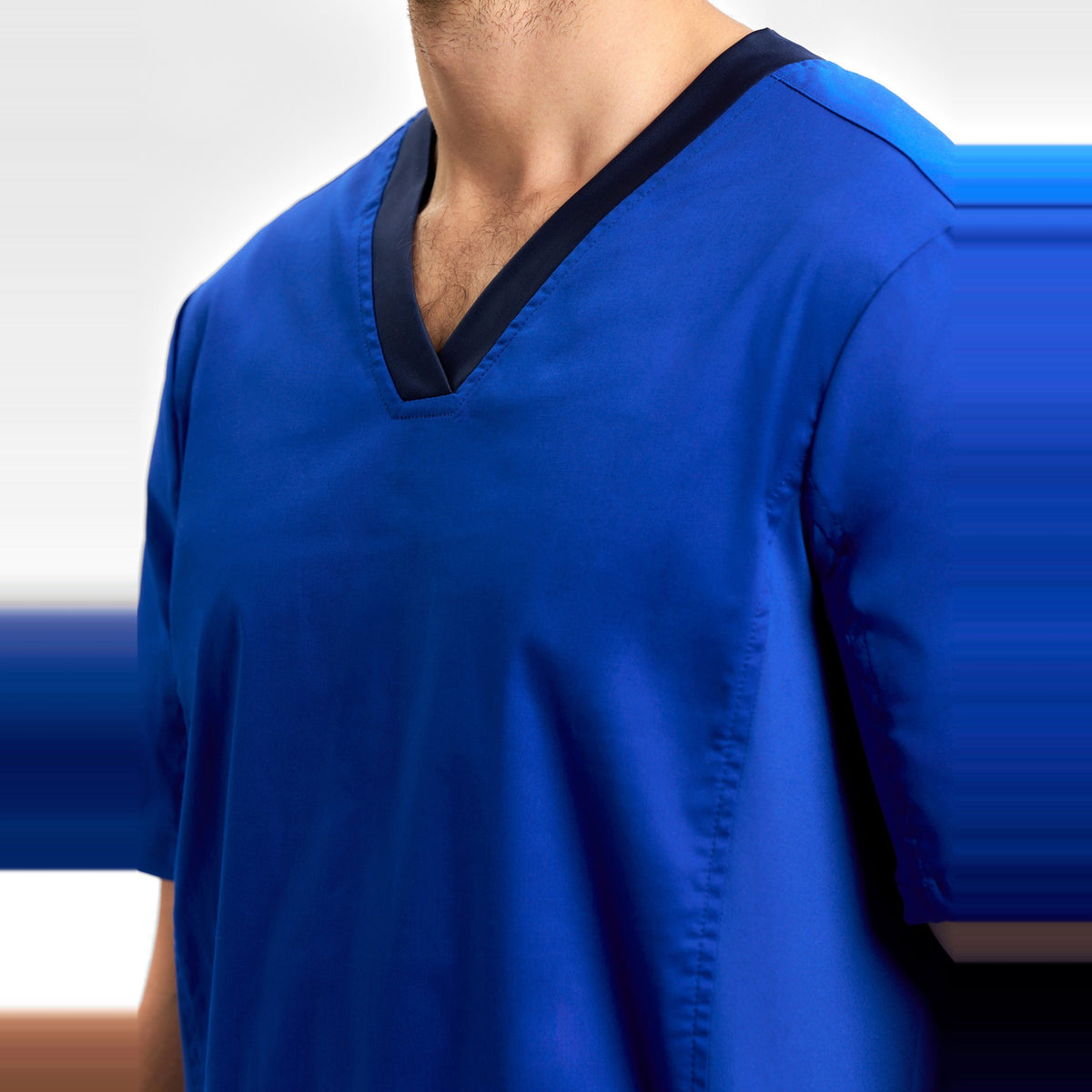 Inaura Riley Mens Stretch Scrub Top CST043MS in Electric Blue, worn by model, view 5