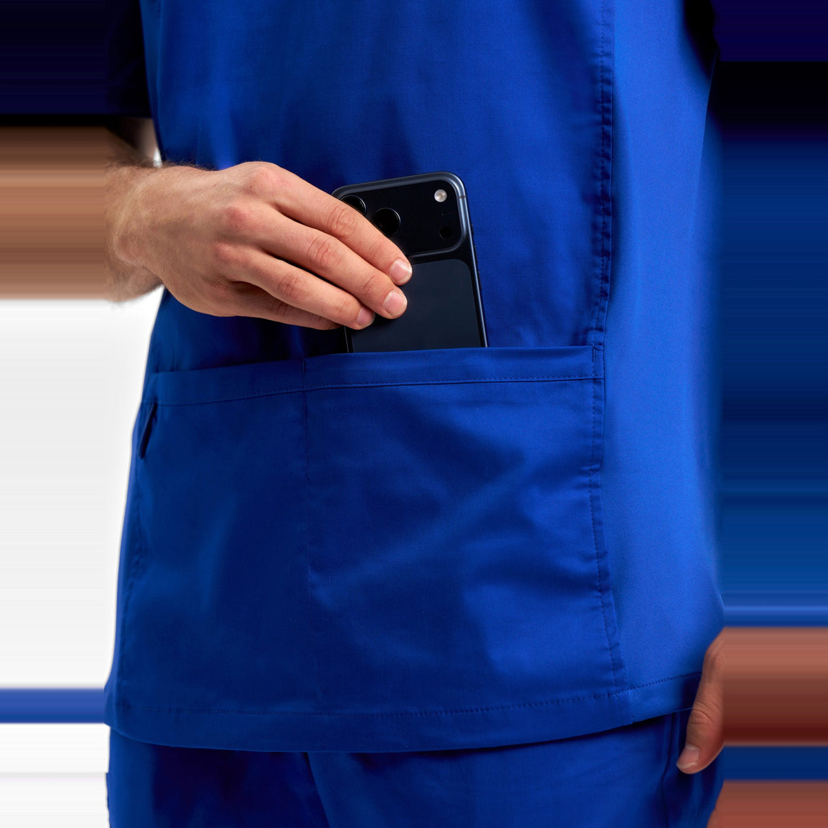 Inaura Riley Mens Stretch Scrub Top CST043MS in Electric Blue, worn by model, view 6