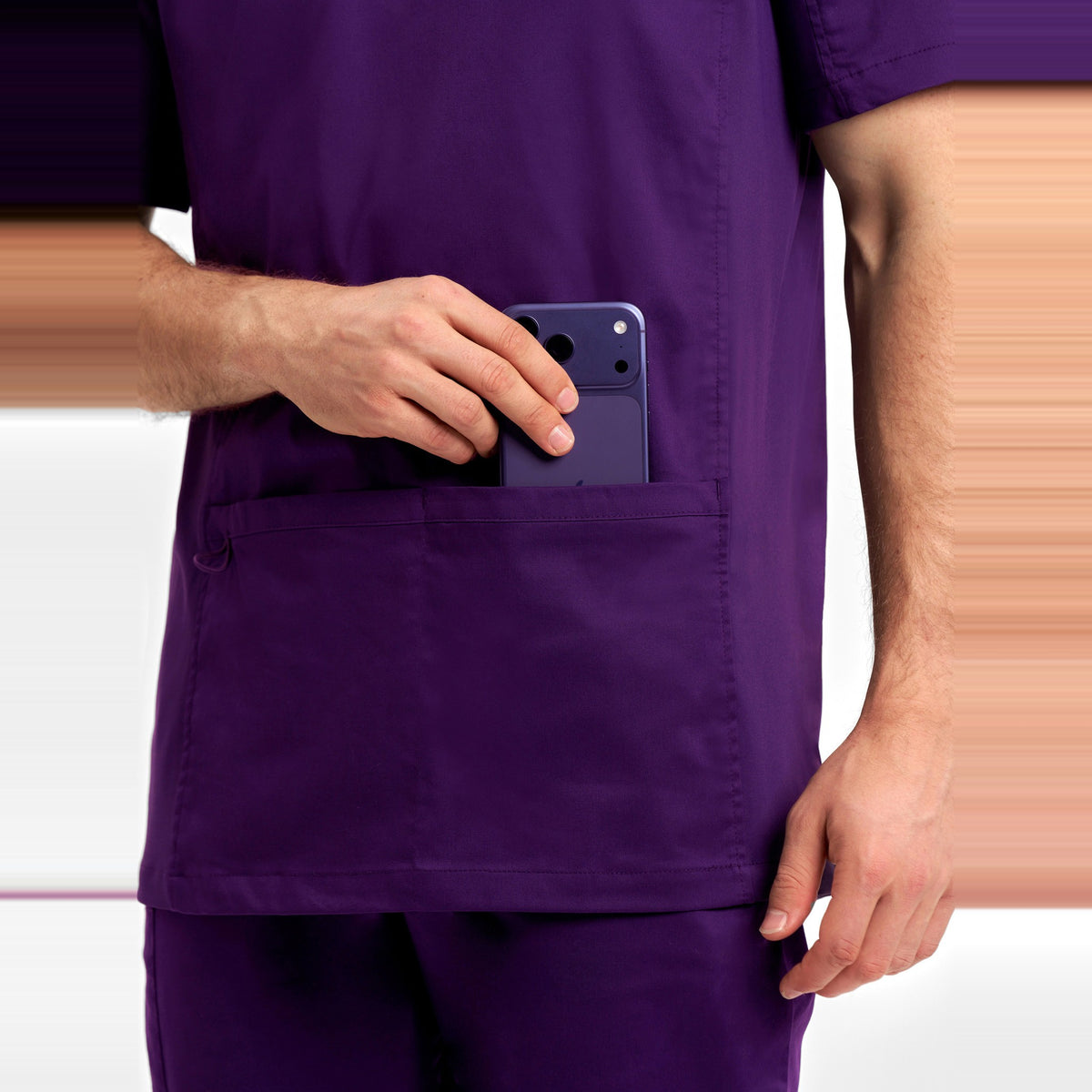 Inaura Riley Mens Stretch Scrub Top CST043MS in Purple, worn by model, view 6