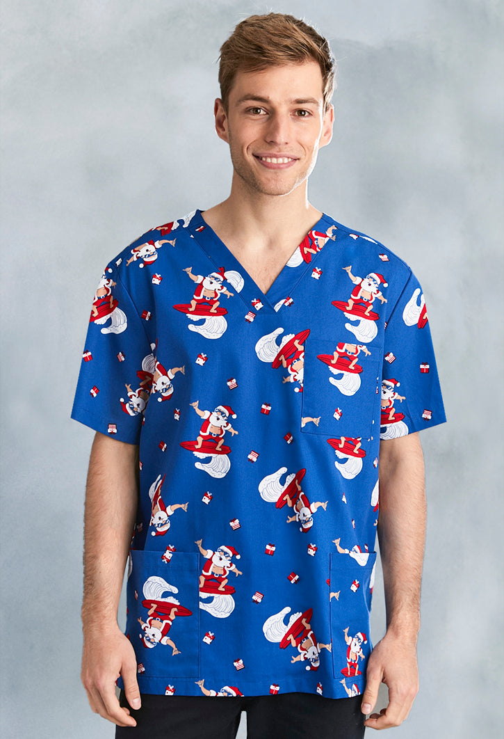 Biz Mens Christmas Scrubs Surfing Santa