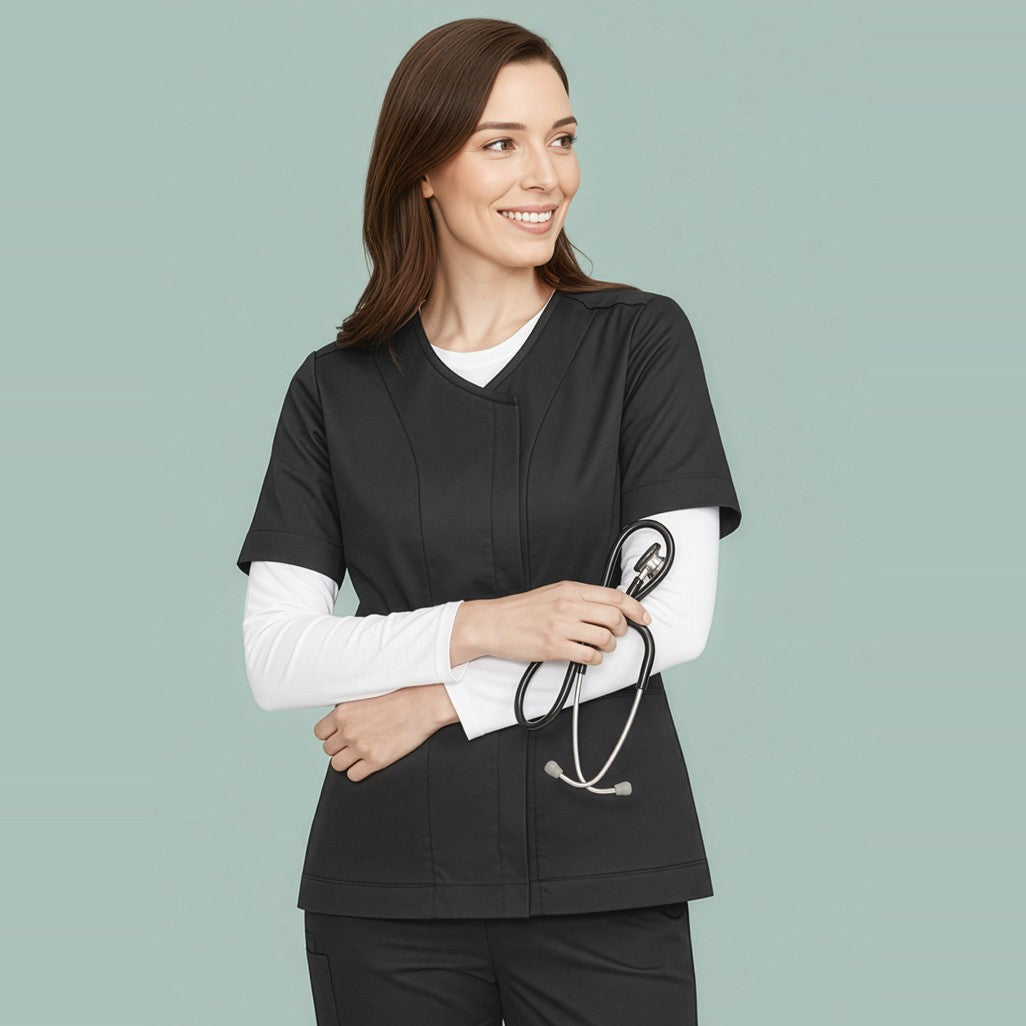 Inaura Parks Womens Zip Front Scrub Top CST240LS in Black, worn by model, view 2