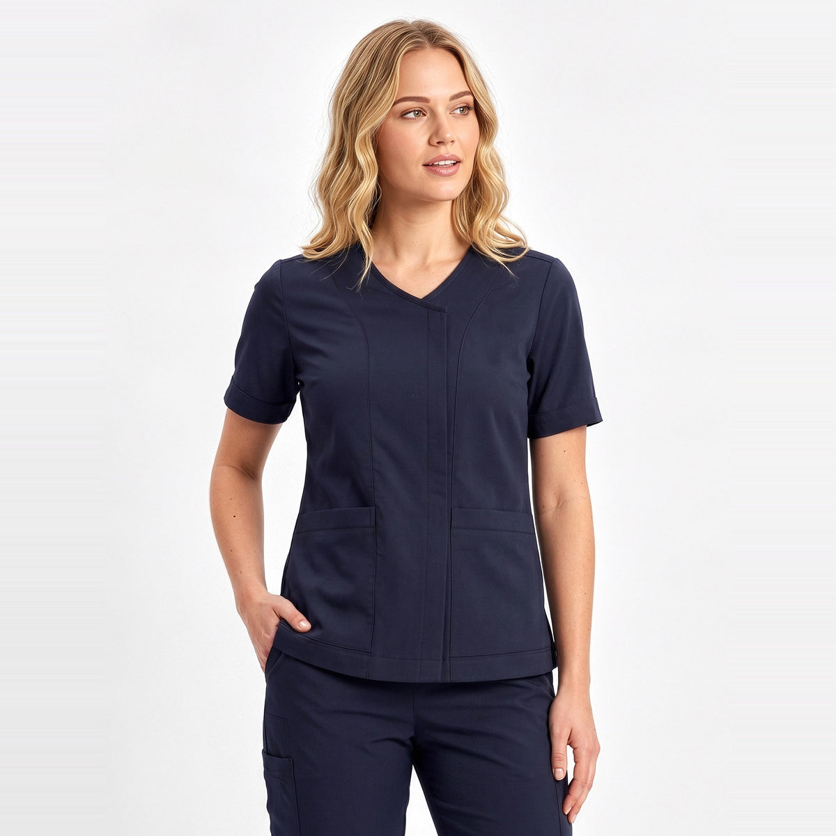 Inaura Parks Womens Zip Front Scrub Top CST240LS in Midnight Navy, worn by model