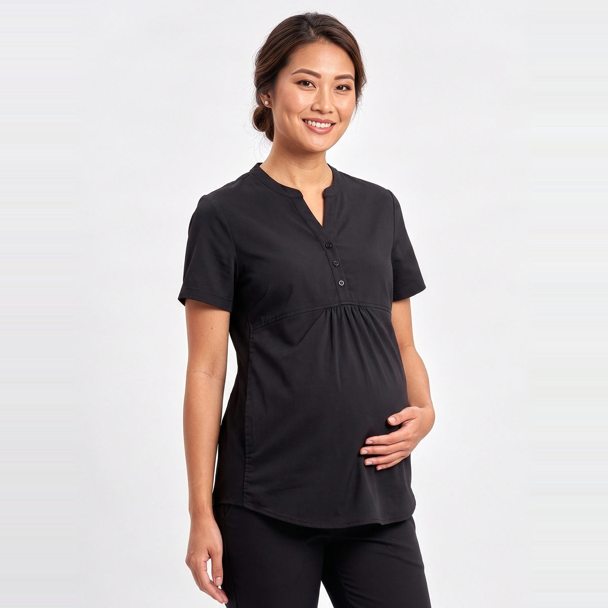 Inaura Rose Womens Tunic Scrub Top CST243LS in Black, worn by model