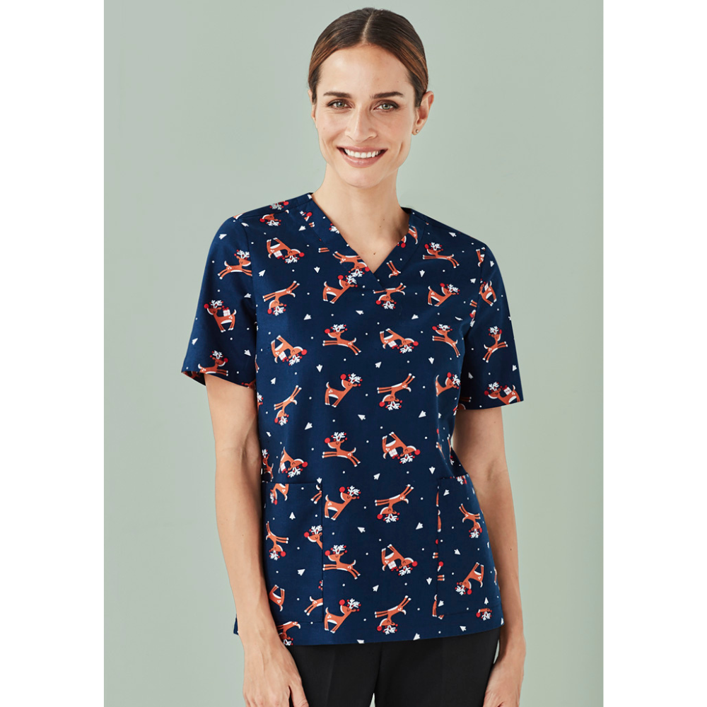 Biz Womens Christmas Scrubs Reindeer