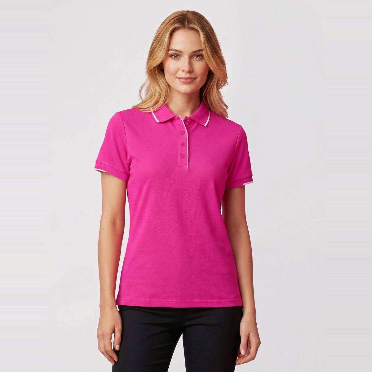 Inaura Pink Womens Short Sleeve Polo CST313LS in Pink, worn by model
