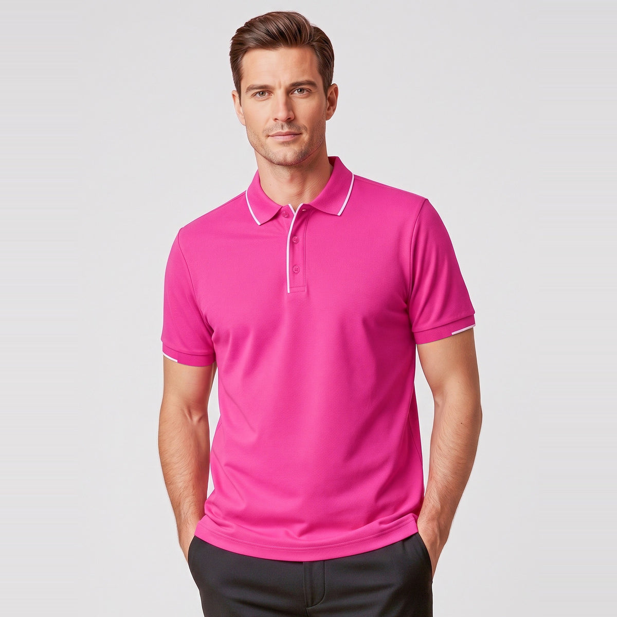 Inaura Pink Mens Short Sleeve Polo CST313MS in Pink, worn by model