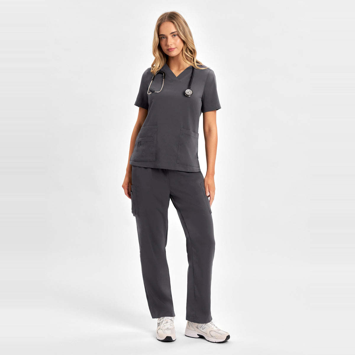 Inaura Avery Womens V-Neck Scrub Top CST941LS in Charcoal, worn by model, view 2