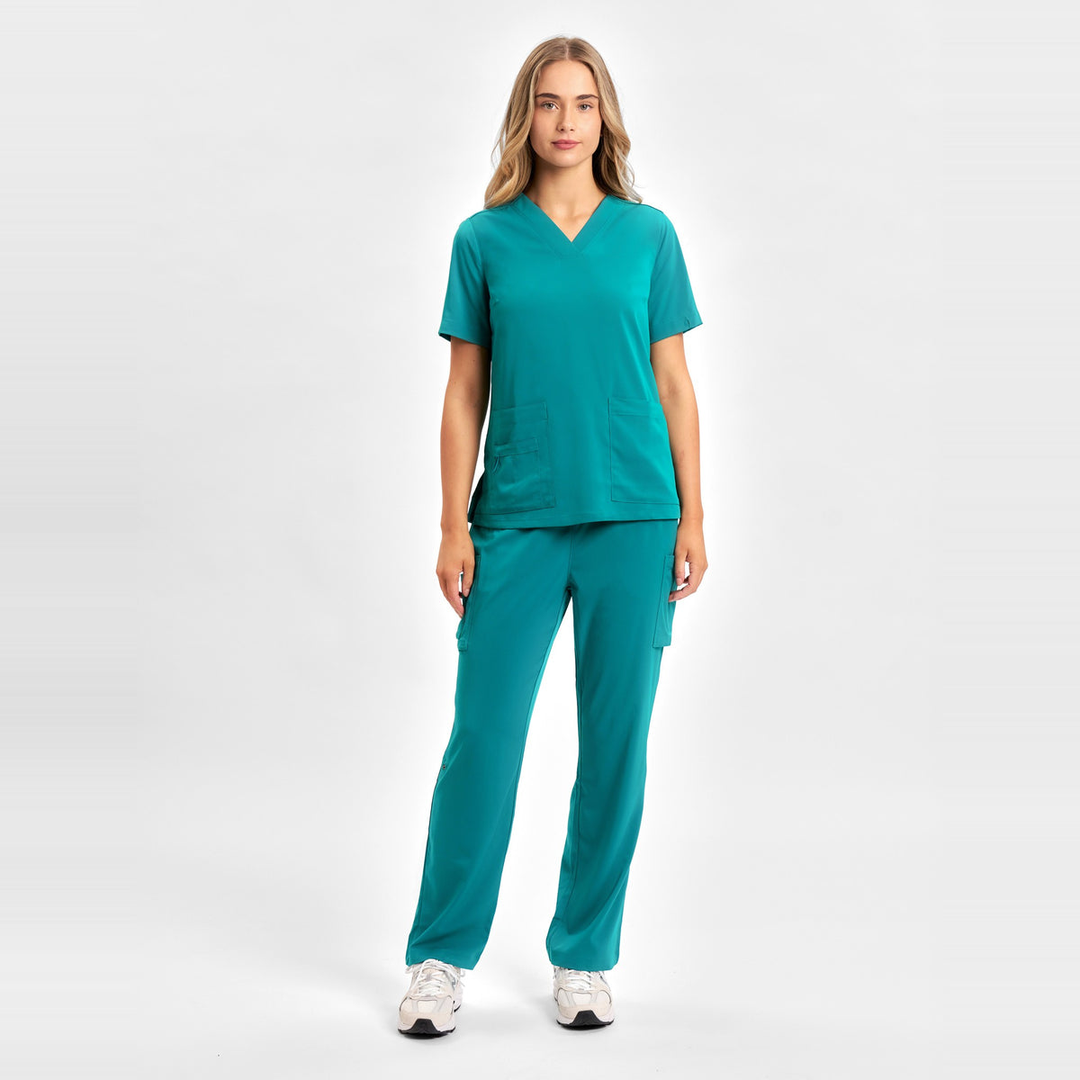 Inaura Avery Womens V-Neck Scrub Top CST941LS in Teal, worn by model, view 2