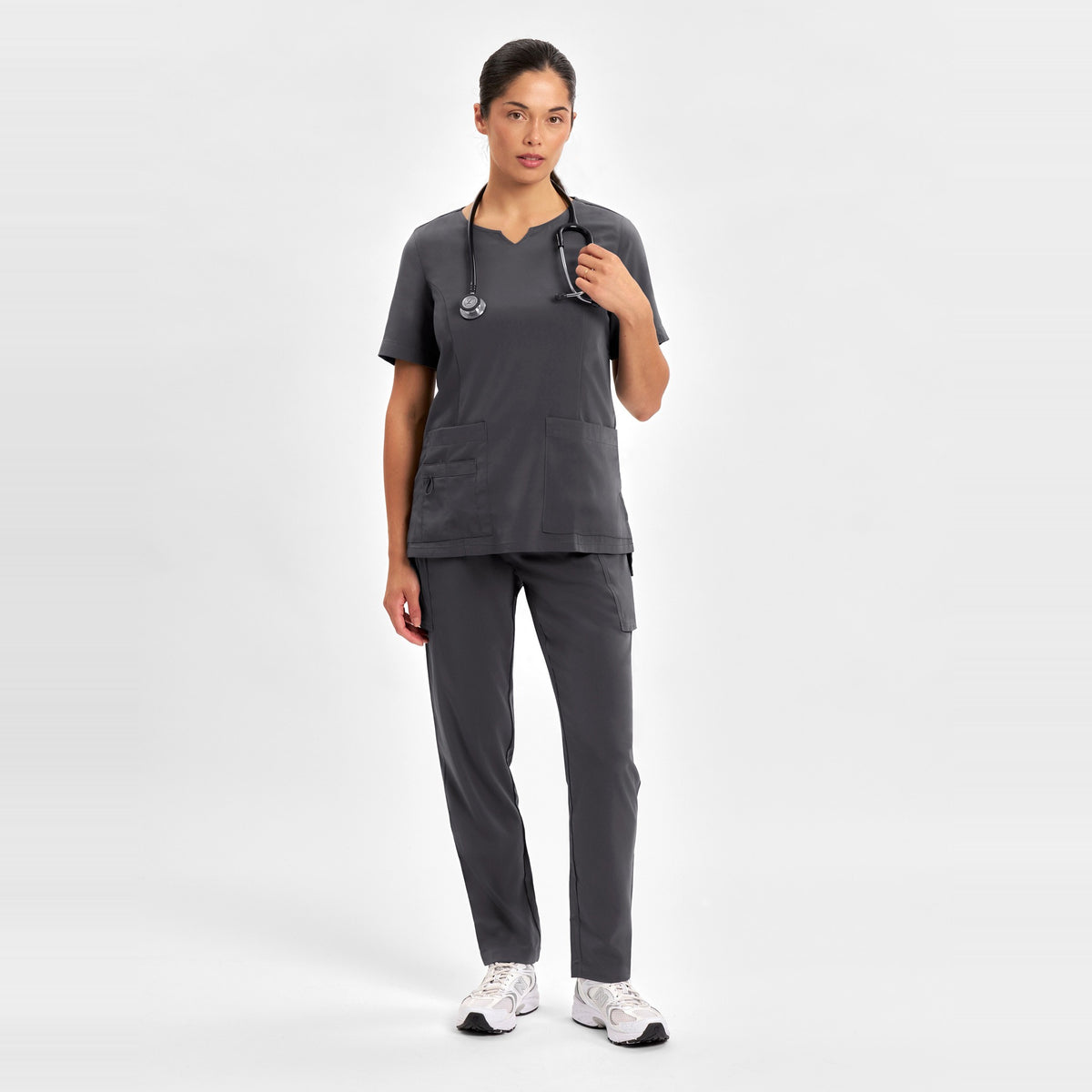 Inaura Avery Womens Round Neck Scrub Top CST942LS in Charcoal, worn by model, view 2