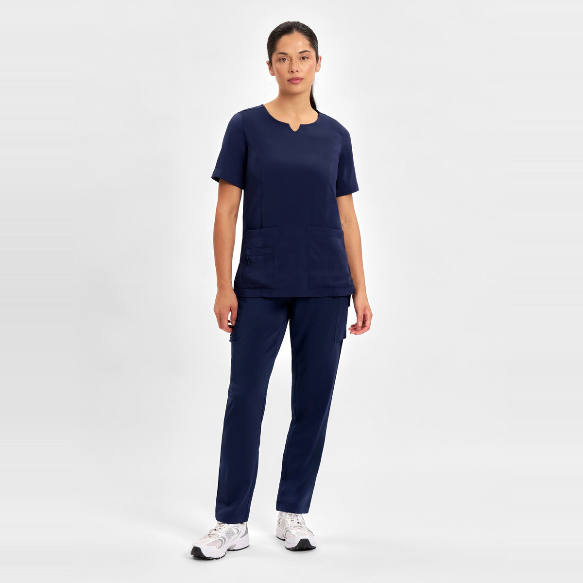 Inaura Avery Womens Round Neck Scrub Top CST942LS in Midnight Navy, worn by model, view 2
